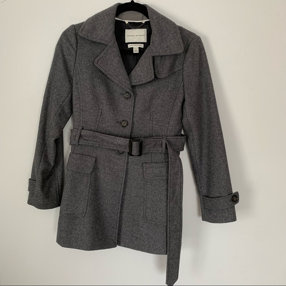 BANANA REPUBLIC Gray Italian Wool Belted Pea Coat Trench Coat